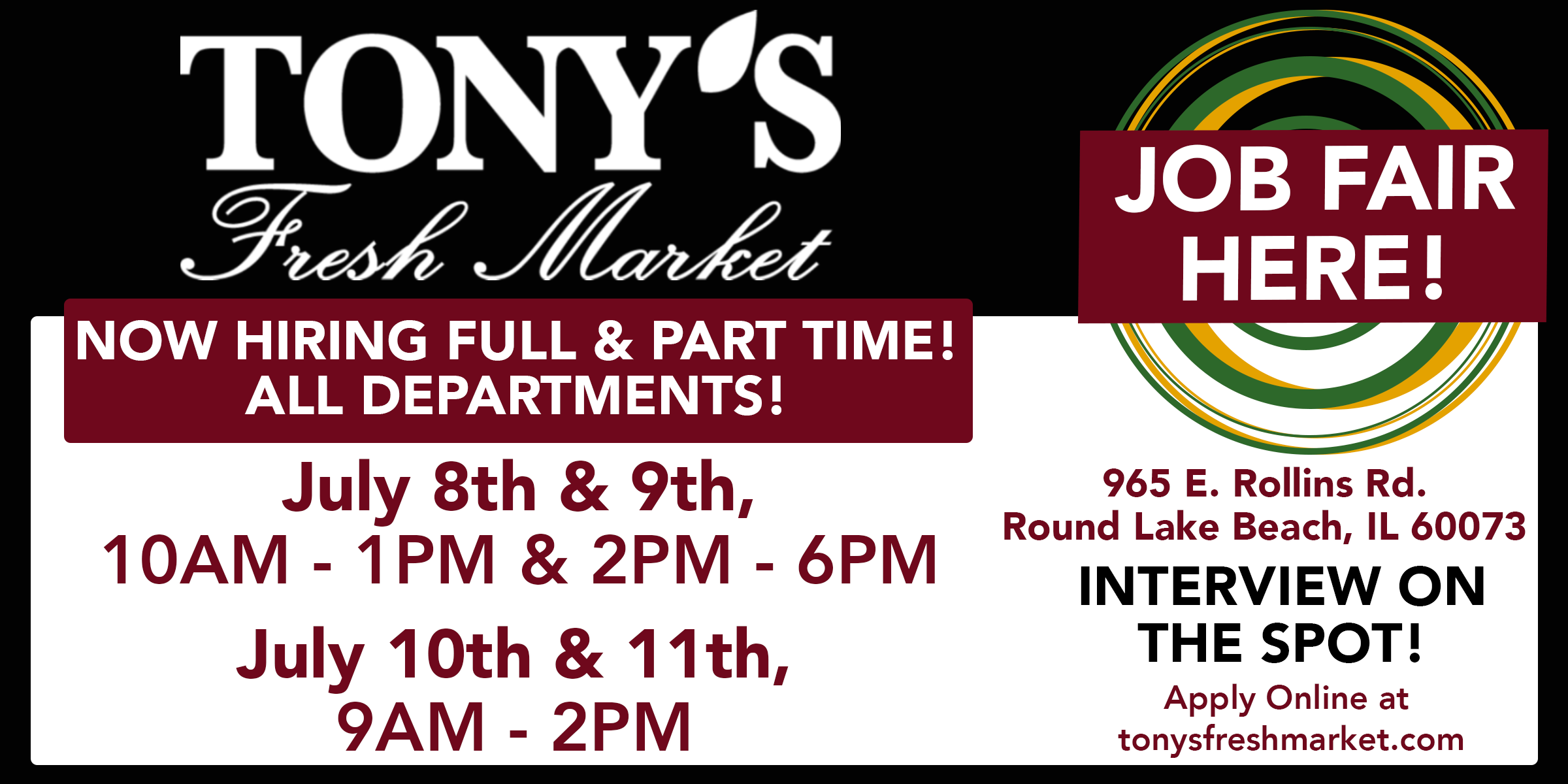 Tony's Fresh Market Round Lake Beach July Job Fair