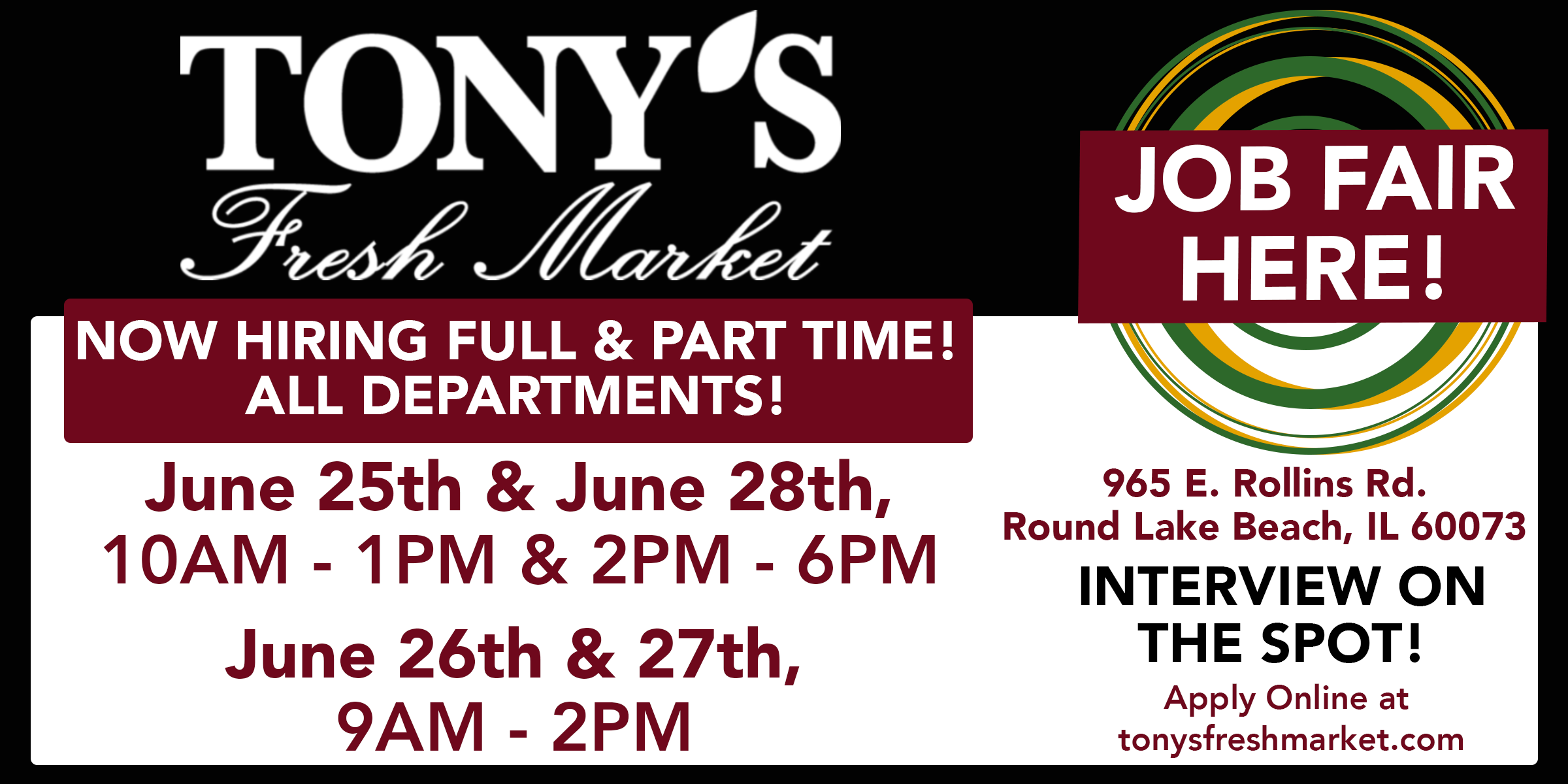 Tony's Fresh Market Round Lake Beach Job Fair